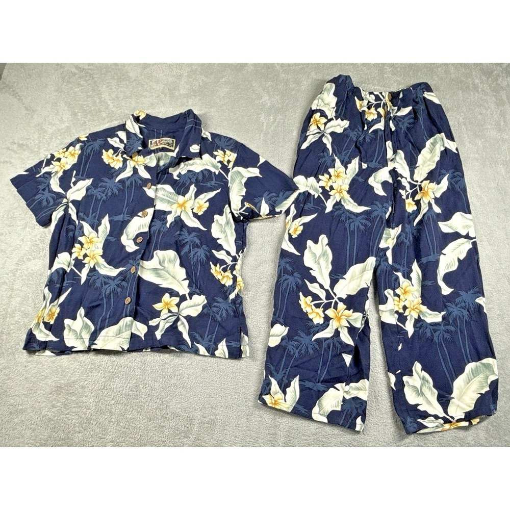 Vintage La Cabana Women's Floral Hawaiian Button-Down Shirt + Pants Set Navy M